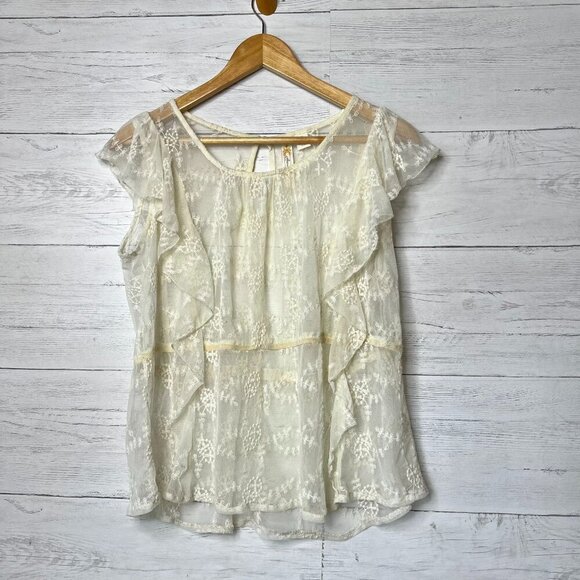 Adiva Top Womens Size Small Ivory Lace Floral Mesh Flutter Sleeves Peplum Ruffle - Picture 1 of 16